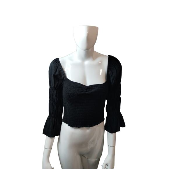 Lulus Women's size M Savia Black Smocked Puff Sleeve Crop Whimsigoth Witchy Top - Picture 4 of 12